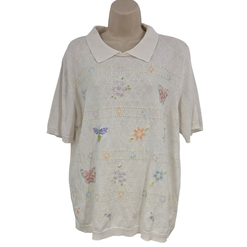 Grandmacore Spring Sweater Women XL White Butterfly Floral Knit Mom Cottagecore